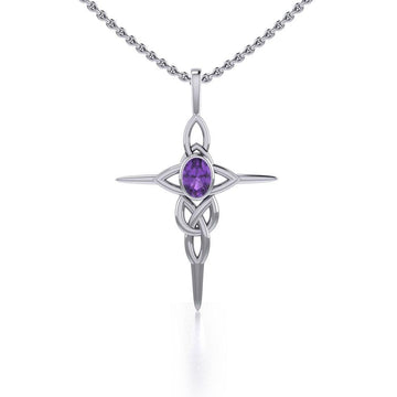 Celtic Knotwork Cross Sterling Silver Pendant with Gemstone and Chain Set TSE722 - Jewelry